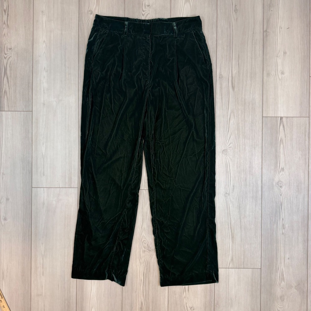 Old Navy Taylor Wide Leg Trouser Dark Bottle Green Velvet Pleated Pants L 746614